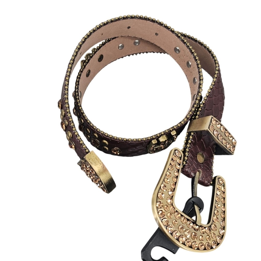 Western Brown Snakeskin Leather Rhinestone Horseshoe Belt Gold Studded CB1006